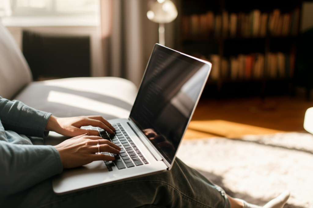 Person working remotely from a comfortable living room